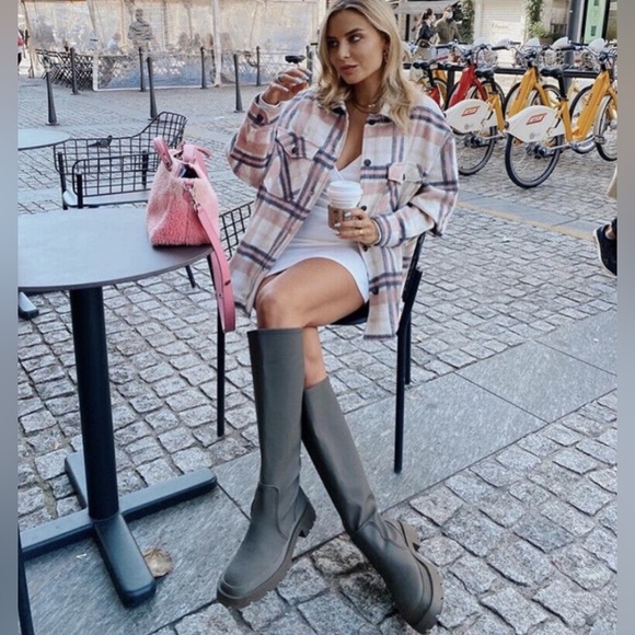 Zara Lug Sole Chunky Rubberized Platform Combat Rain Tall Boot Khaki Green 6 New - Picture 10 of 15